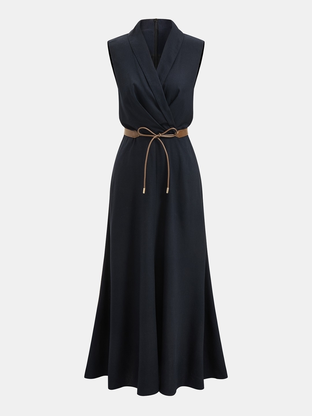 Commense Navy Maxi Dress with Tan Tie Belt